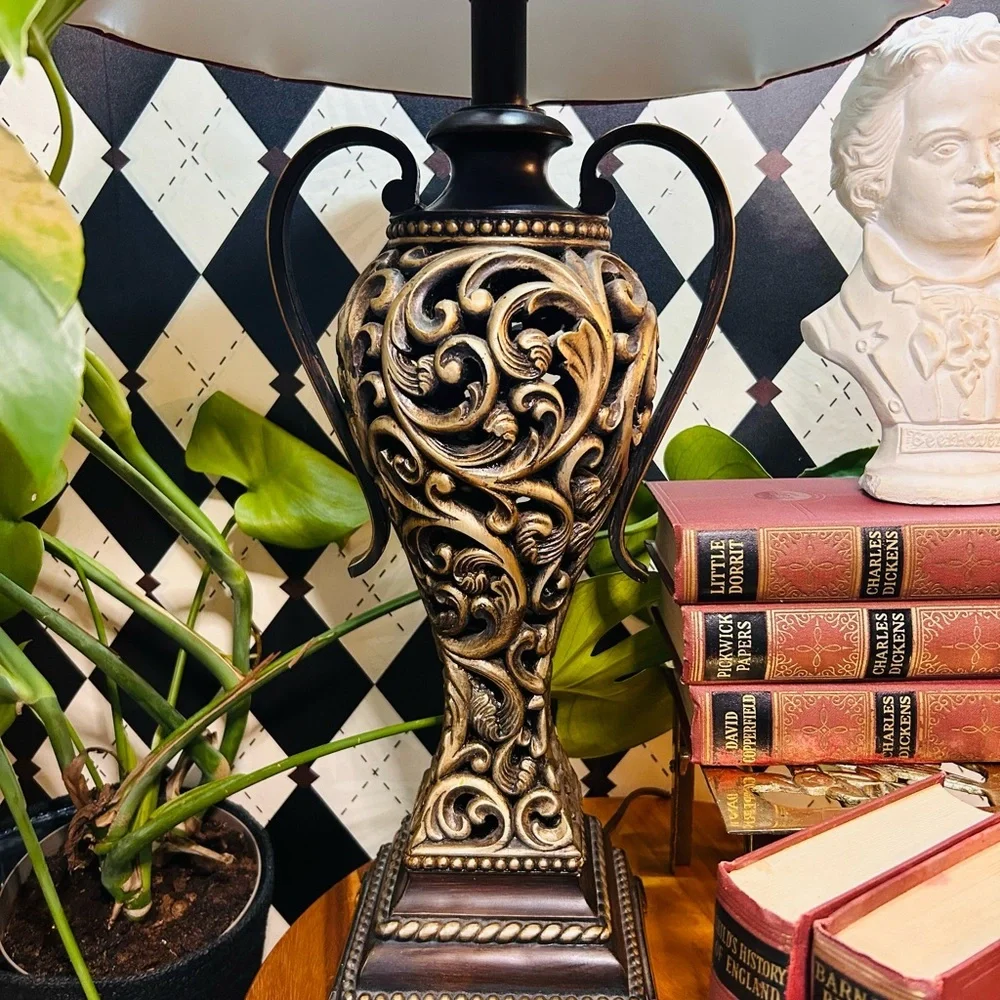 Luxury‎ Vintage Black & Gold Table Lamp with Deep Burgundy Shade Baroque Moody